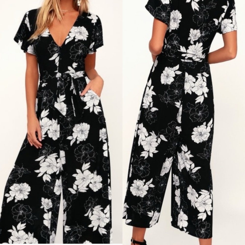Lulu's Black & White Floral Wrap Jumpsuit